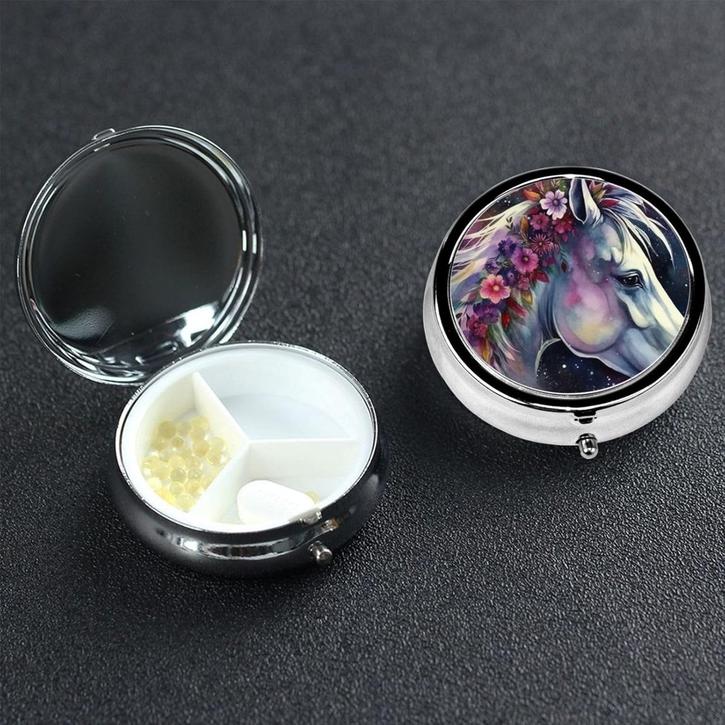 Rund pill Box 3 Segment pill Box Pill Containe Pillbox Case for Travel Small Pill Case Horse in The Night Pill Organizer for Vitaminer Fish Oil Box Supplement Box
