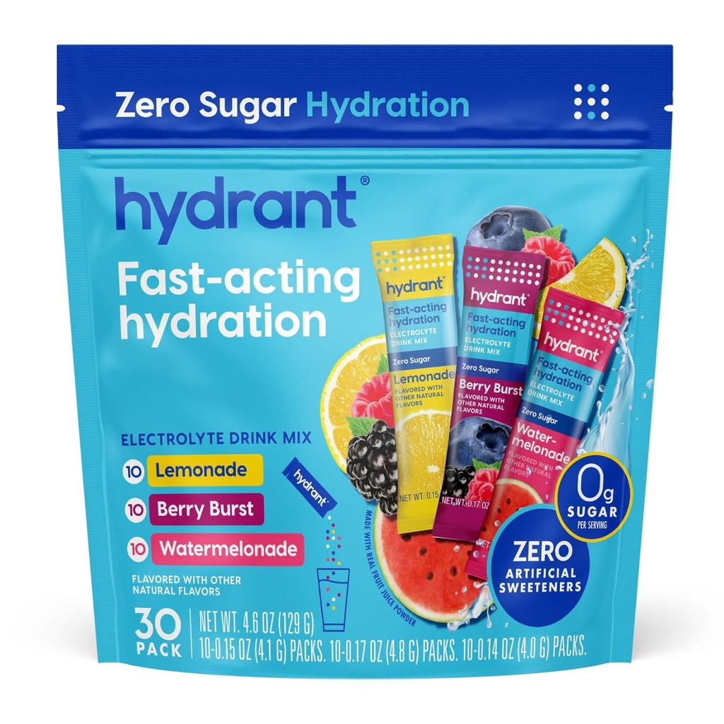 Hydrant - Hydration Powder Variety Pack, 30 Individuel Sugar- Free Instant Electrolyte Rehydration Pakninger - Zero Sugar Drink Mix til daglig brug, Rejser og træning