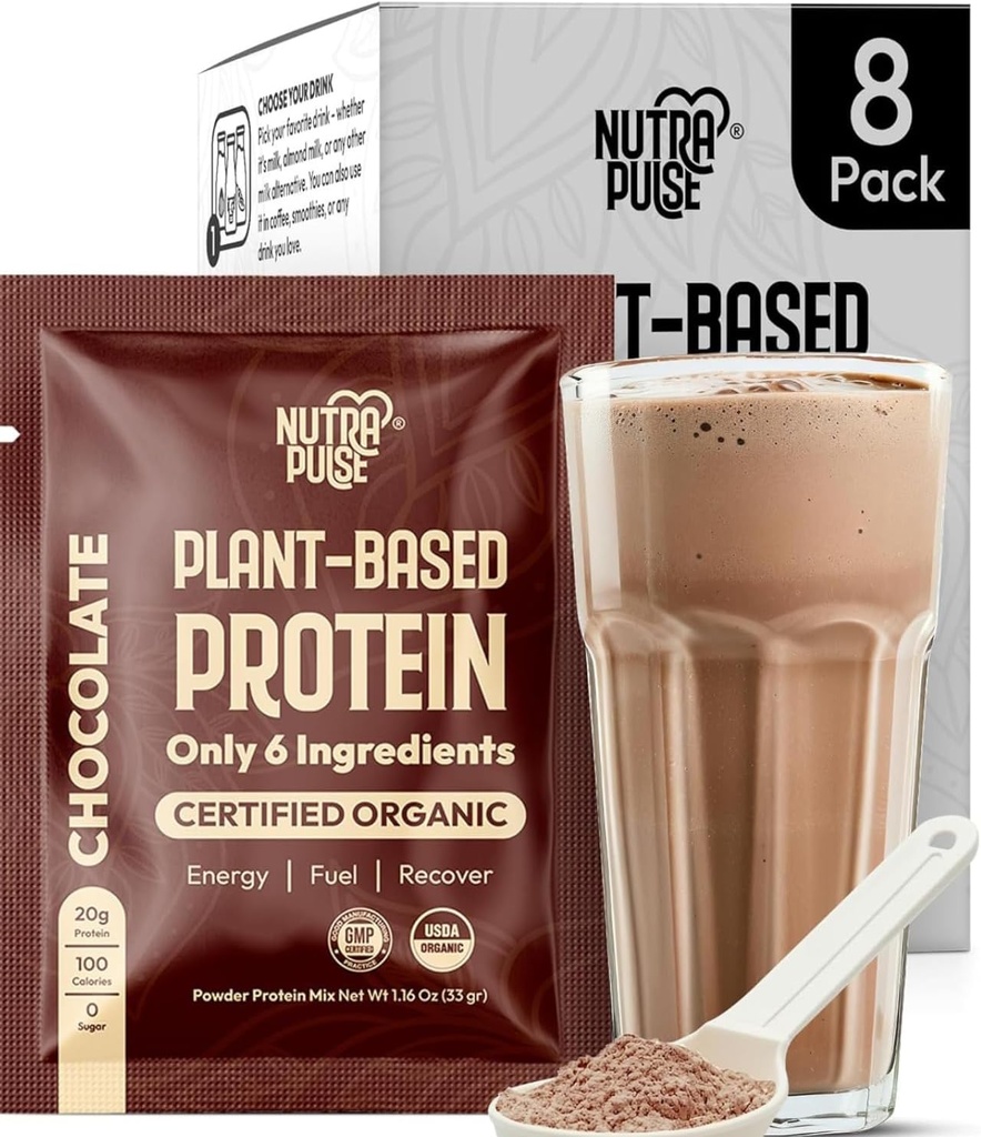 Prøv alle 8 - Chocolate Vegan Protein Powder Pack - 20g Organic Plant-Based Protein - Non-GMO, Gluten- Free, Dairy- Free, Soy- Free - Low Sugar - Clean, Easy to Digest - Smoothie Friendly