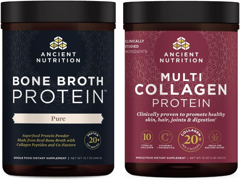 Ancient Nutrition Bone Broth Protein Powder, Pure, 20 Servere + Multi Collagen Protein Powder, Unflavored, 45 Servere