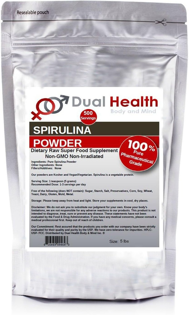Dual Health Body & Mind Pure Spirulina Powder (5 lbs) Ikke bestrålet protein Superfood Bulk Kosttilskud