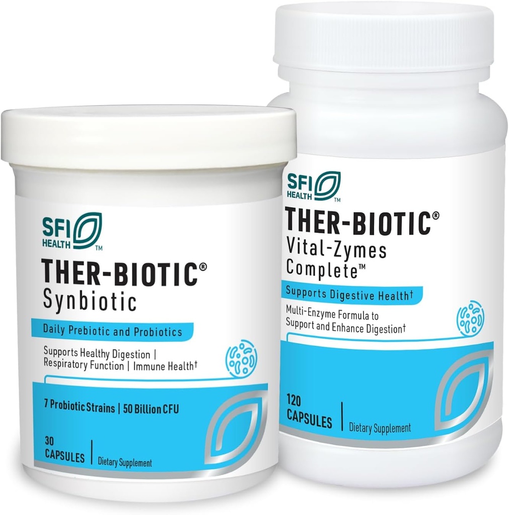 Klaire Labs Ther- Biotic Synbiotic Probiotic (30 kapsler) + Vital- Zymes fordøjelsesfremmende enzymer Bundle (120 greve) - Low- FODMAP Probiotic Supplement + fordøjelsesstøtte enzymer - 2 produktsæt