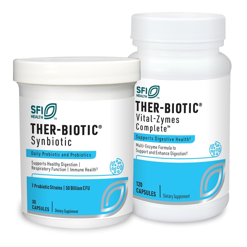 Klaire Labs Ther-Biotic Synbiotic Probiotic (30 Capsules) + Vital-Zymes Digestive Enzymes Bundle (120 Count) - Low-FODMAP Probiotic Supplement + Digestion Support Enzymes - 2 Product Set