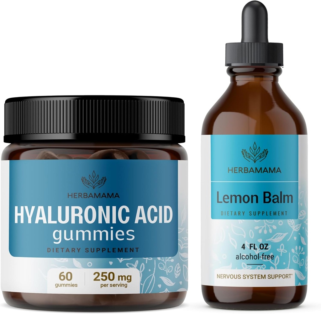HERBAMAMA Hyaluronsyre og Lemon Balm Kit - Bundle på 250 mg Hyaluronsyre Gummies & Lemon Balm Leaf Extract 4 fl oz - Vegan, Non- GMO, Alkohol- Free - 2 Pack
