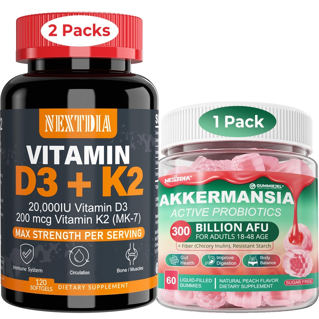 Nextdia Vitamin D3 20,000 IU + K2(MK7) 200mcg Softgels + Akkermansia Probiotics Gummies with Prebiotics Fiber