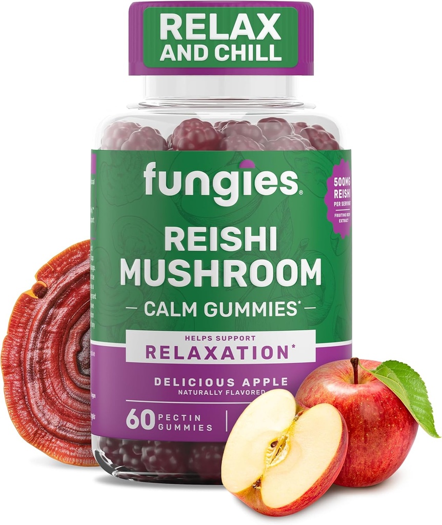 Fungies Reishi Mushroom Gummies, Lækker Apple Flavor - Mushroom Herbal Supplement Gummy for voksne støtter immunsundhed, afslapning og sund aldring - Calming Gummies til søvn - 60 Serveringer