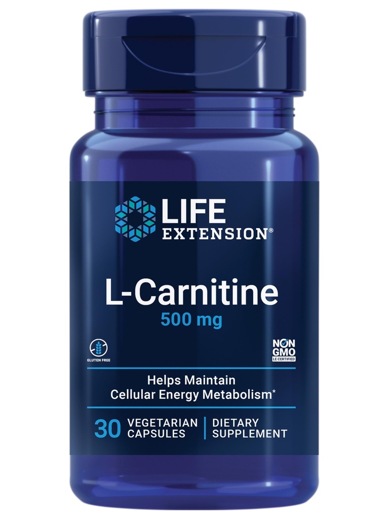 Life Extension L- Carnitin - 500 mg, Energy Supplement, Memory Supplement - Gratis form Aminosyre, nitrogenoxid støtte, sundt blodtryk - Glutenfri, ikke-GMO, Vegetar - 30 kapsler