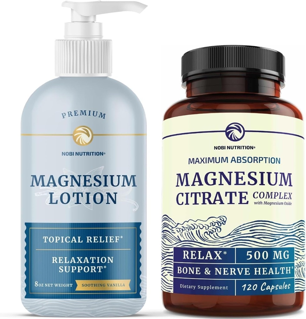 Magnesium Lotion og Magnesium Citrate Supplement; Full Body Magnesium Support for Body and Mind med 8 Fl Oz Topical Magnesium Plus 2 Month Supply Magnesium Complex Pills