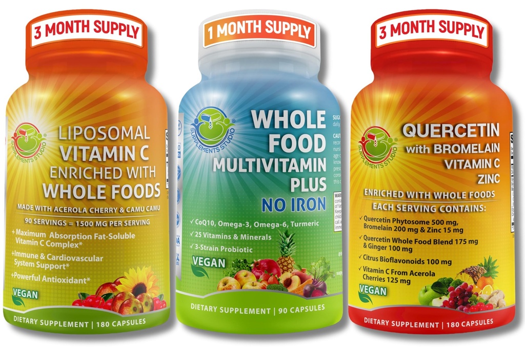 Vegan Immune & Antioxidant Support Bundle – Liposomal Vitamin C 1500mg with Organic Acerola & Camu Camu + Quercetin 500mg with Bromelain, Zinc & Vitamin C + Vegan Whole Food Multivitamin Without Iron