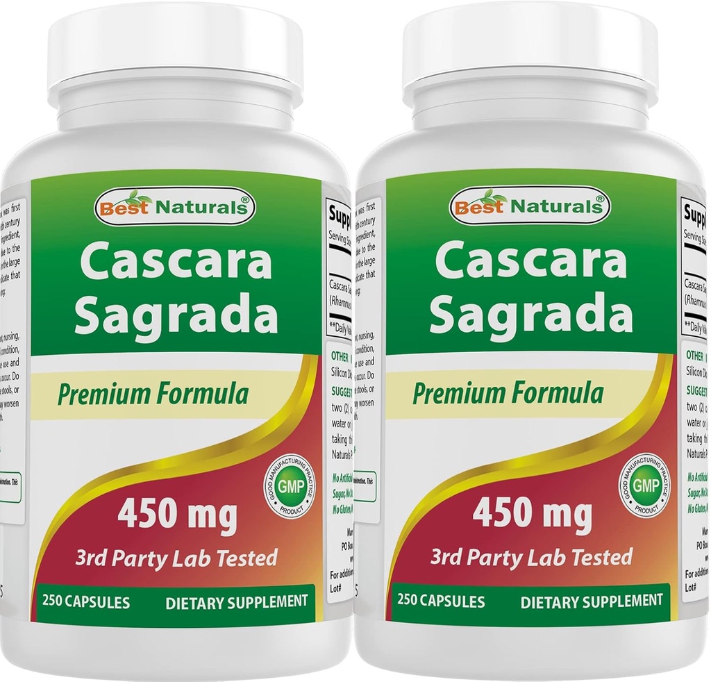 Bedste Naturals Cascara Sagrada 450 mg 250 kapsler (250 greve (pakke med 2))