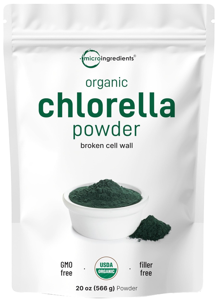 Micro Ingredients Organic Chlorella Powder, 20 Ounces ttesmå 124; Broken Cell Wall for Complete Absorption 124; Raw Superfood Supplement, Rich in Protein & Vitumatex 124; Non- GMO, Vegan, Non- bestrålet