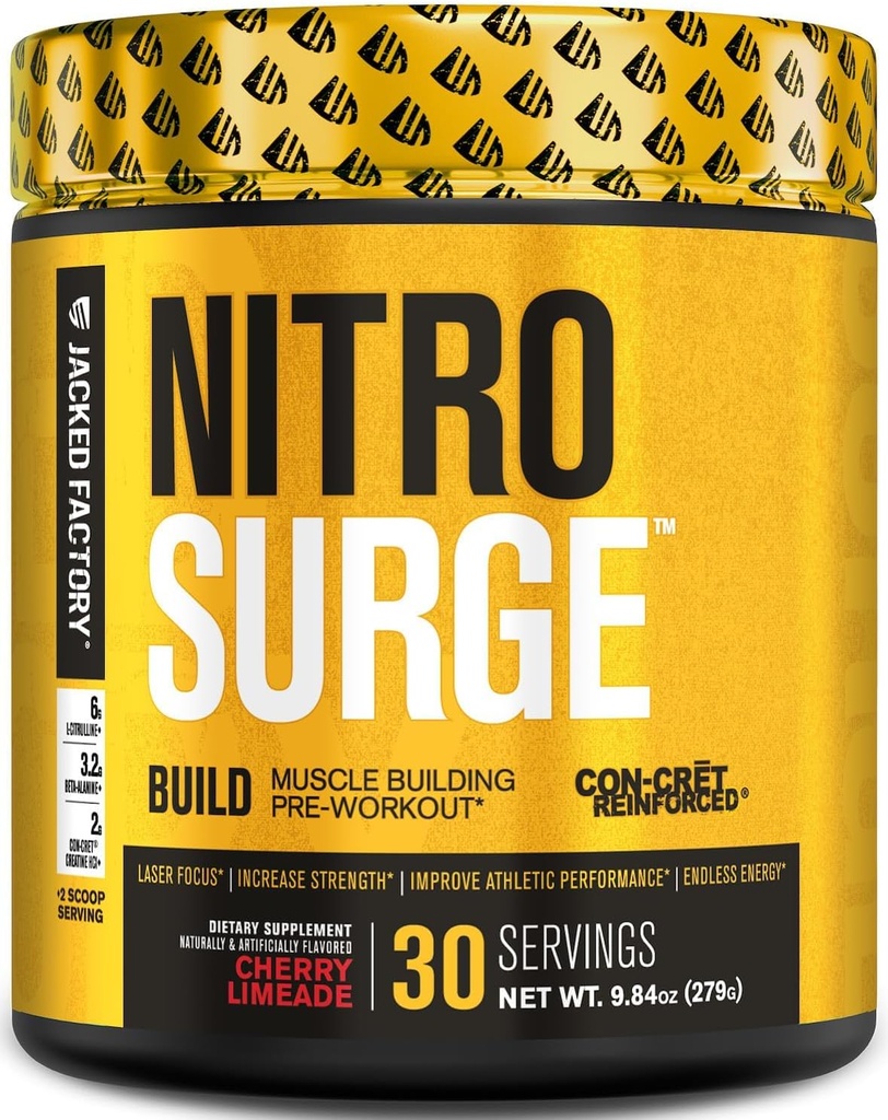 Jacked Factory Nitrobølge Build Pre Workout med Creatin for Muscle Building - Con Cret Powder & ElevatP Intensive Energy, Kraftfulde Pumper, Endurance 30 Servering, Cherry Limeade