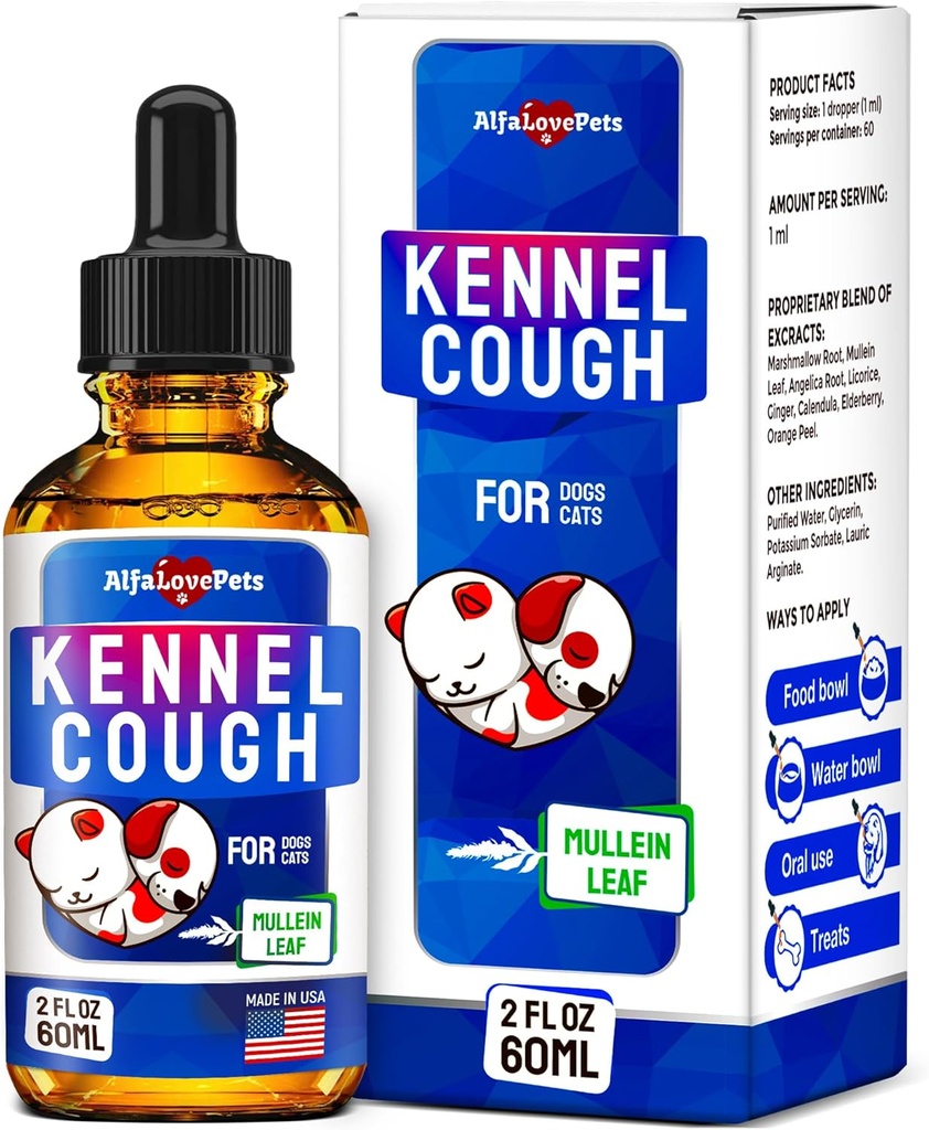 Kennel Hoste Behandling for hunde & katte - Hund Hoste suppressant hjælper med Allergier, Runny Næse, Nysen - for alle racer & størrelser - Mullein Leaf og Calendula - 2 Oz