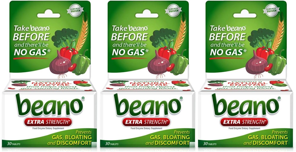Beano Extra Strength, Digestive Enzyme Supplement, Prevents Gas, Bloating and Discomfort (Packaging May Vary) 30 Greve Hver (pakke med 3)