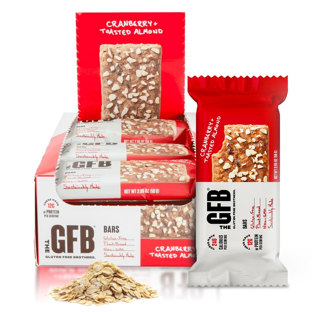 GFB Cranberry Toasted Mandel Protein Bars - Gluten Free, Plant Based, Non GMO, Sustainable Made - Latterligt Tasty, Sund, Vegan, Nutrition Snack Protein Bars, 2.05 oz (12 Greve)