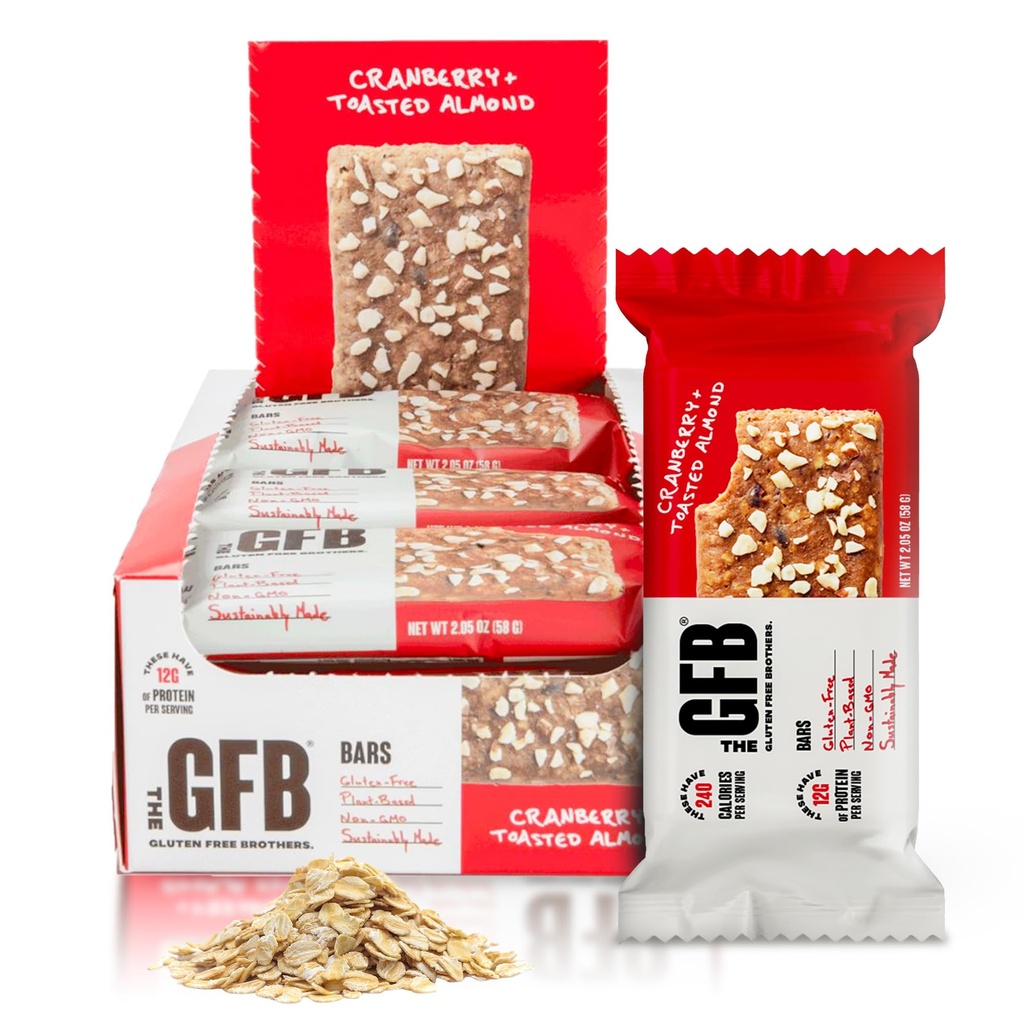 GFB Cranberry Toasted Mandel Protein Bars - Gluten Free, Plant Based, Non GMO, Sustainable Made - Latterligt Tasty, Sund, Vegan, Nutrition Snack Protein Bars, 2.05 oz (12 Greve)