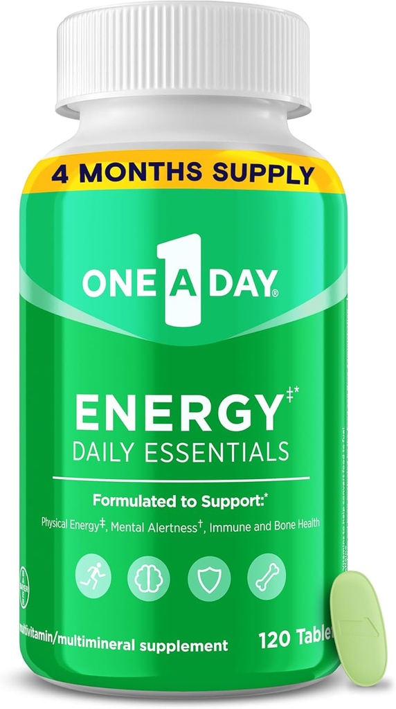 One A Day Energy Daily Essentials Multivitamin, Energy Supplement til støtte Mental Alerness og immunforsvar med vitaminer A C, D, E, zink og koffein, 120 Tæl