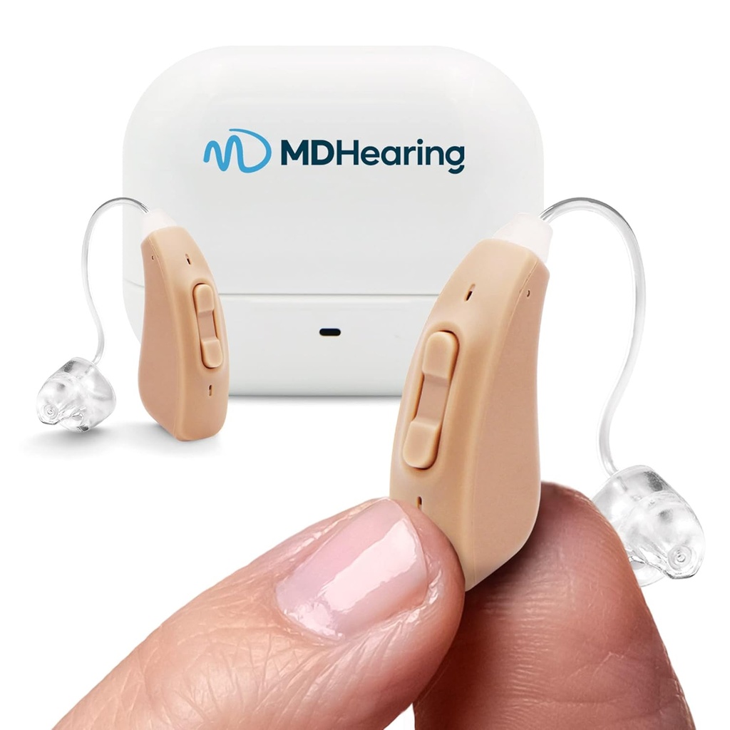 MDHearingAid AIR Hearing Aid (Par), OTC-genopladelig, krystalklar digital lyd ved MDHearing, perfekt til briller, næsten usynlig