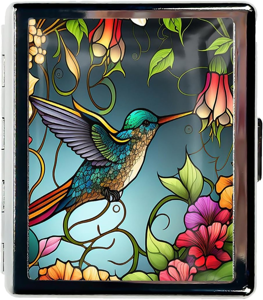 Travel Pill Organizer Small Pill Case for Purse Essentials 7 Days Cute Pill Box with Mirror Portable Pill Box for Pocket or Purse Pill Containe Travel Gifts (Stained Glass Hummingbird)