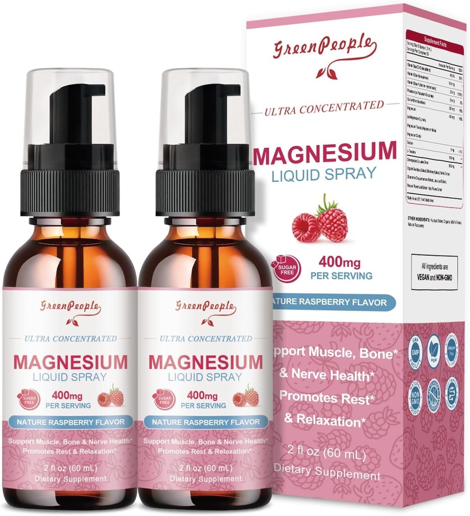 GreenPeople Magnesium Glycinate Flydende Sprøjte 400mg - Magnesium Kalium tillæg med Magnesium Malat Vitamin D3k2, B6 til rolig støtte, Muskel, Knogler & Søvnstøtte 4 Fl Oz
