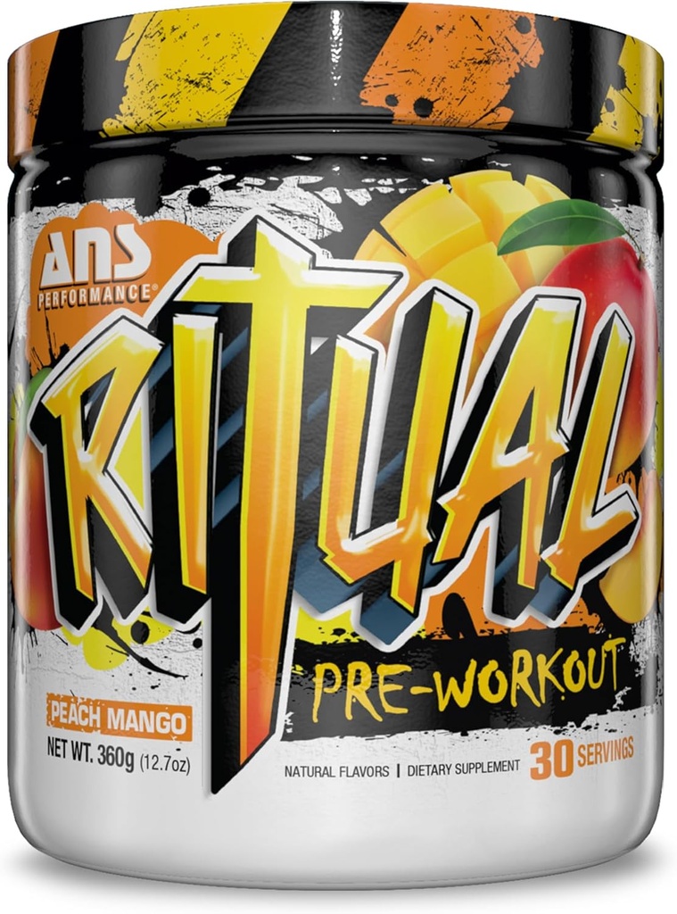 ANS Performance Ritual Pre Workout (30 Serveringer, 12.7 oz) - Komplet Preworkout Formel - Energi, Focus, & Styrke - Øge Power Output & Workout Volumen - Endurance & Stamina (Peach Mango)