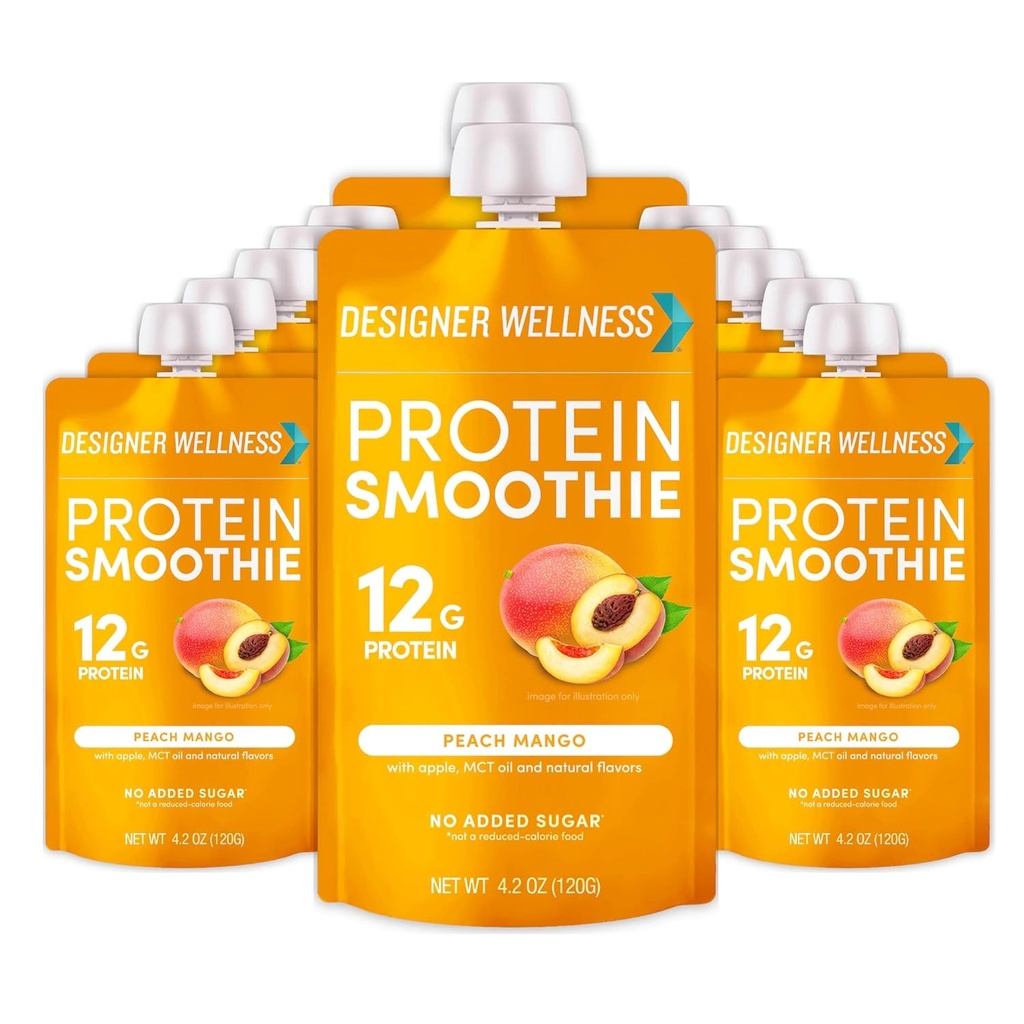 Designer Wellness Protein Smoothie, Real Fruit, 12g Protein, Low Carb, Zero Tilded Sugar, Gluten- Free, Non- GMO, Ingen kunstige farver eller flavors, Peach Mango, 12 Greve