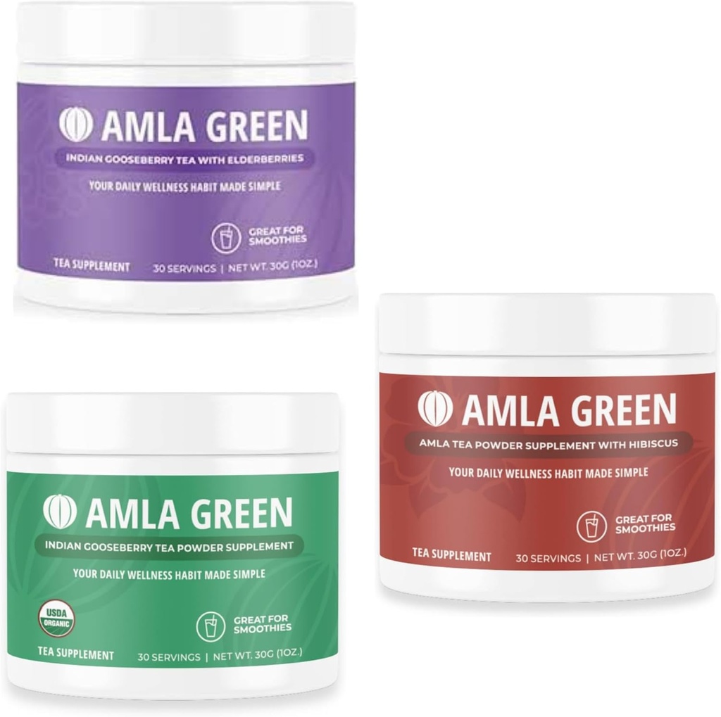 Amla Powder, Green Tea Superfood Supplement with Elderberry & Indian Gooseberries & Hibiscus, Organic, Vegan, 30 Servings