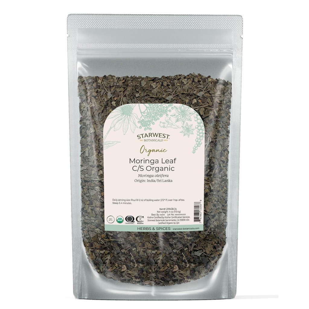 Starwest Botanicals Organic Moringa Leaf - Herb for te, kapsler, Juice, & Smoothies, Natural Source of Antioxidants, Cut & Sifted, Certified Kosher, Non GMO - 4 oz Pouch