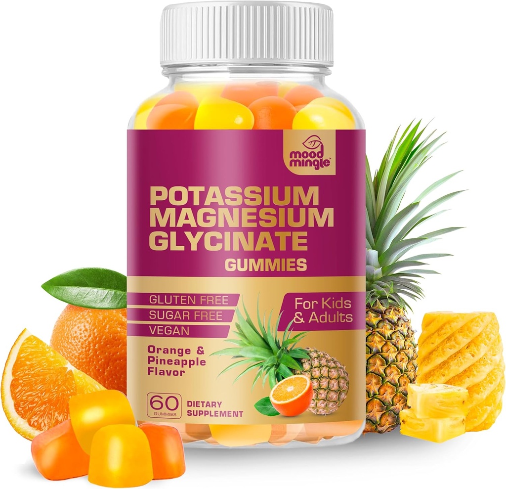 MoodMingle Kalium Magnesium Glycinate Supplement Glutmies - Høj Absorption Kaliumtygger - med Calcium Vitamin B6 B12 C D3 K2 Zink - Vegansk Sugar- Free Gluten Gratis for børn voksne