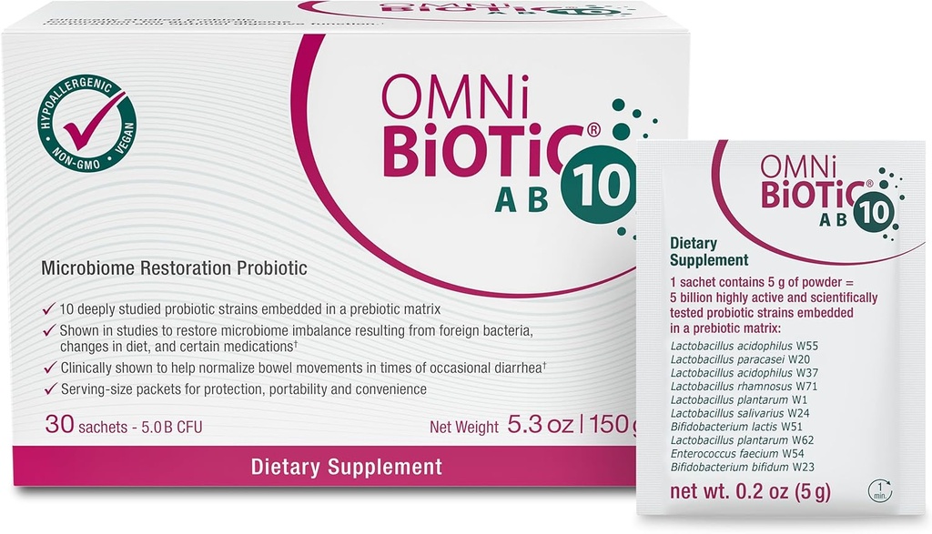 OMNi BiOTiC AB 10 - Klinisk testet genoprettende probiotika - Understøtter & genskaber Gut Flora & fordampning - Diarré - Vegan, Hypoallergen, Non- GMO (30 daglige pakker)