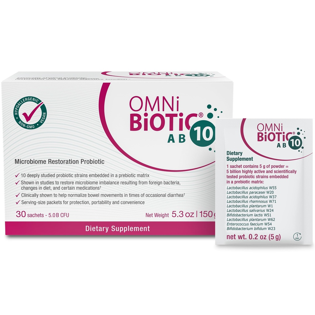 OMNi BiOTiC AB 10 - Klinisk testet genoprettende probiotika - Understøtter & genskaber Gut Flora & fordampning - Diarré - Vegan, Hypoallergen, Non- GMO (30 daglige pakker)