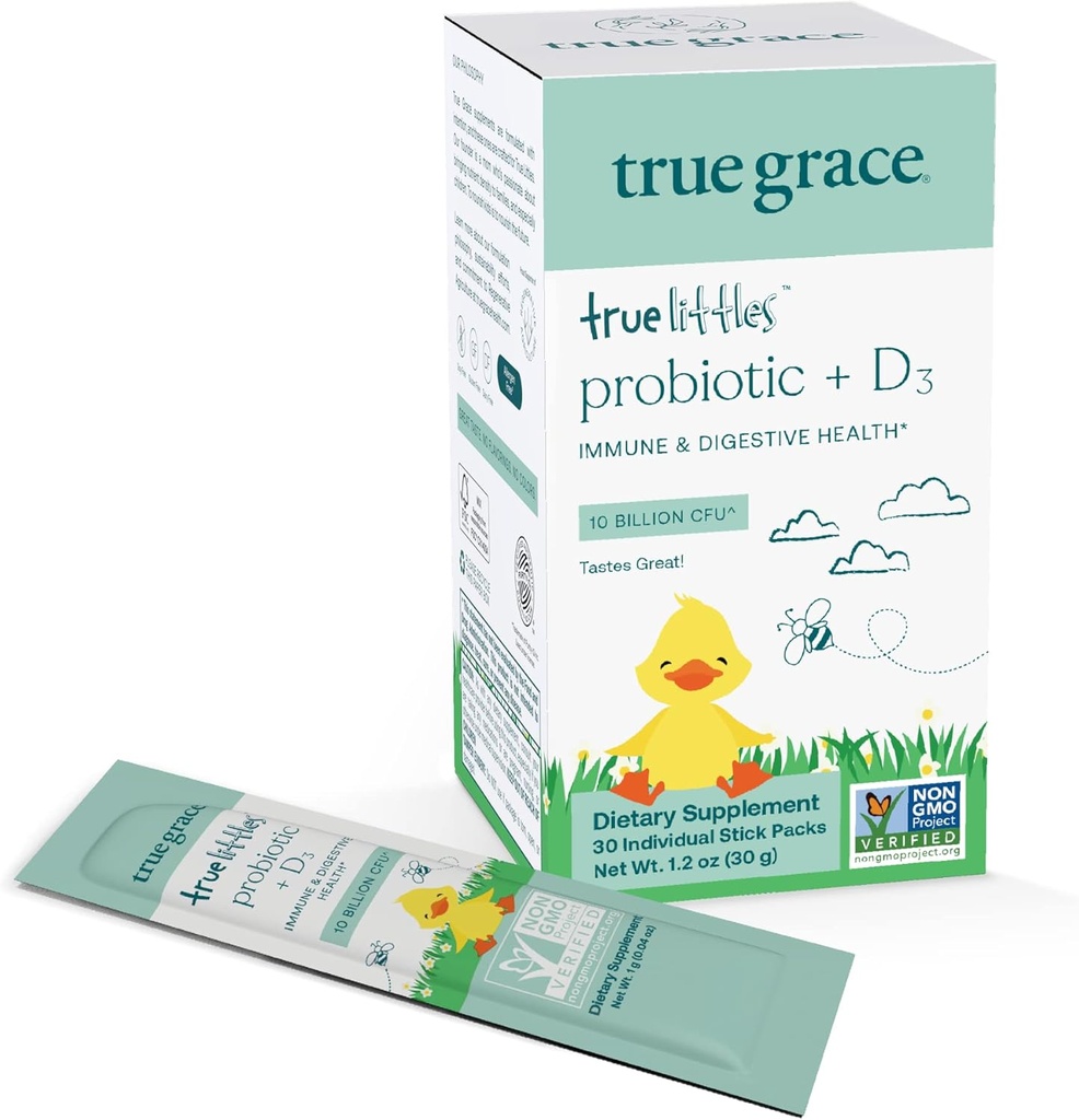 Sand Grace True Littles - 30 Individuelle Stick Packs - Kids 'Daily Probiotic + vitamin D3 for immun- og fordøjelsessygdomme - Gluten, Soy & Dairy Free - 30 Servering