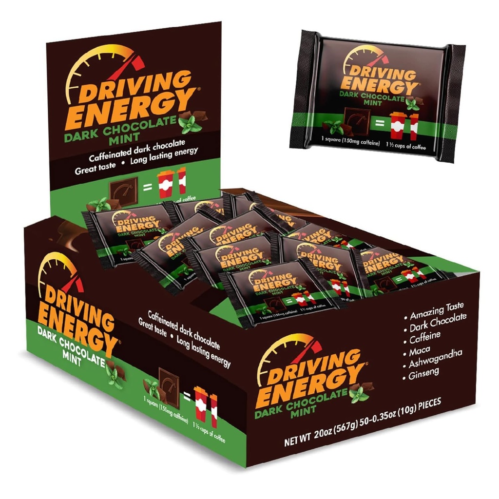 Driving Energy - Coffeined Energy Bite Størrelse - Dark Chocolate Mint Energy Fuel med 150mg Koffein - Langvarig energi til gym, træning, voksne - Great Smag - Lav Carb - Sund Snack - 50 Greve