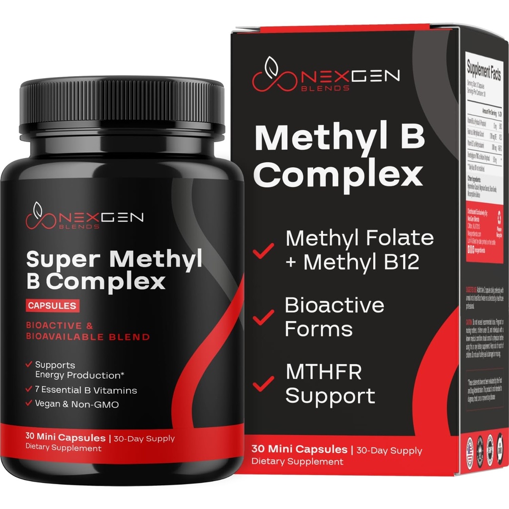Metyleret B-kompleks vitamintilskud - bioaktivt methyl B-kompleks med 5- MTHF methylfolat & B12 methylcobalamin til hjerne hjerte energi & homocystein support - Super vitamin B-kompleks (30 tæller)