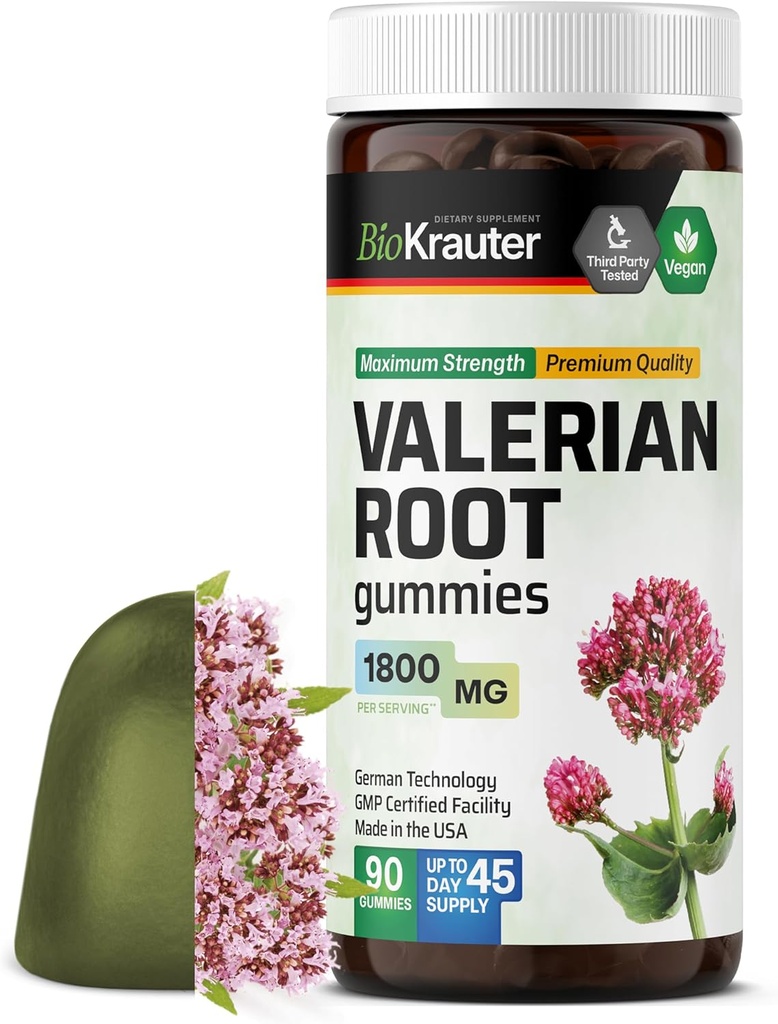 BIO KRAUTER Valerian Root Gummies - 1800 mg Styrke - 90 Vegan Chews - No Melatonin - Support Afslapning & Calmness - Valerian Root Extract