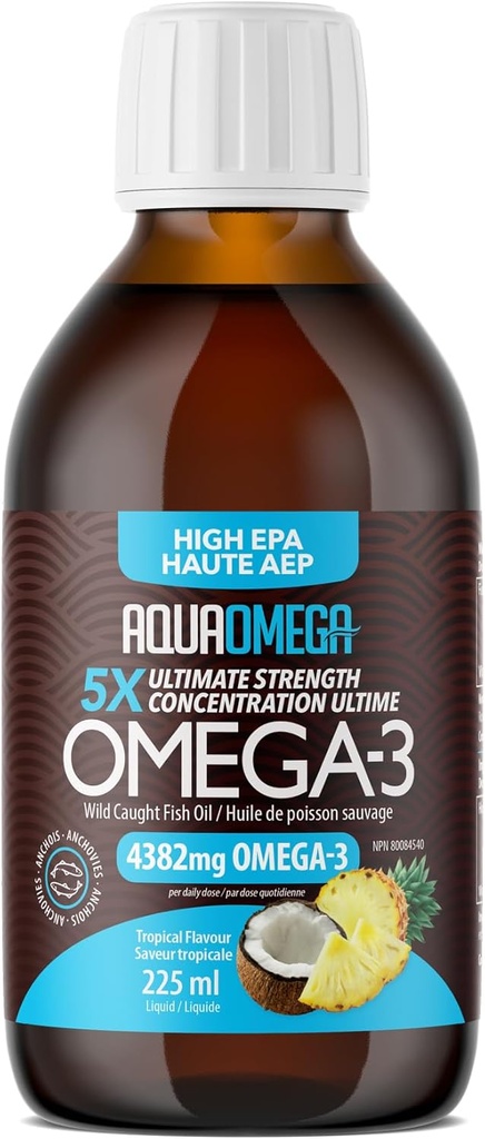5X Ultimate Strength Liquid Fish Oil Supplements, Wild Fanget Omega 3 Fish Oil Liquid, High EPA & DHA Omega3 Fedtsyrer, Omega 3 Supplement med D-vitamin, 7.60floz, Tropical Flavor