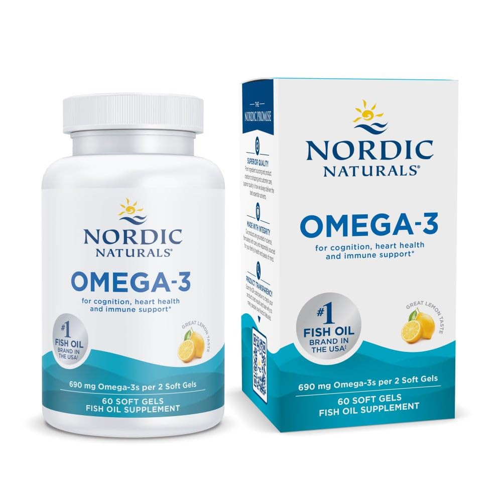 Nordiske Naturals Omega-3, Lemon Flavor - 60 Soft Gels - 690 mg Omega-3 - Fish Oil - EPA & DHA - immunforsvar, hjerne & hjerte sundhed, optimal wellness - non-GMO - 30 Serveringer