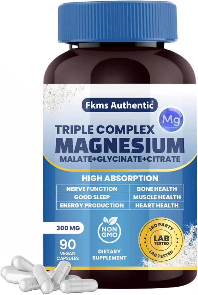 Triple Magnesium Complex Supplement 300mg | 3 in 1, Magnesium Glycinate, Malate, and Citrate | Vegan, Non-GMO | High Absorption | 90 Capsules