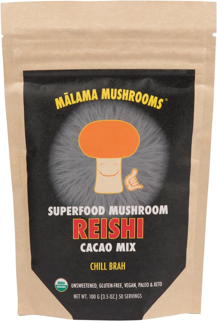 Malama Organic Mushroom Hot Cacao Mix, Reishi Mushroom Powder with Fair Trade Cacao for Immune Support & Relaxation – Vegan Supplement & Superfood, Non GMO, 3.5 oz (50 Servings)