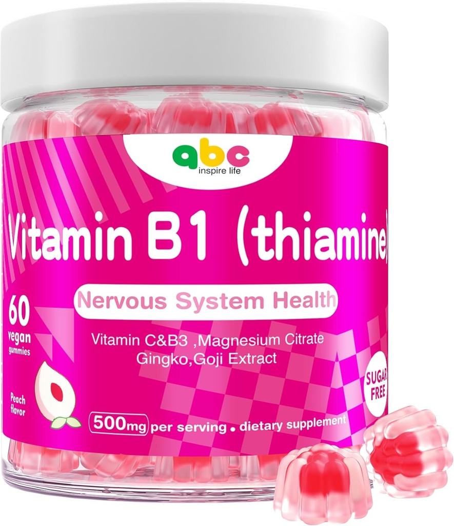 Vitamin B1 Gummies Chewable Thiamin 500mg & vitamin B3 & C, Sukker Free - Ikke GMO, Vegan, Natural Peach Flavor - Thiamin B1 supplement til voksne og børn