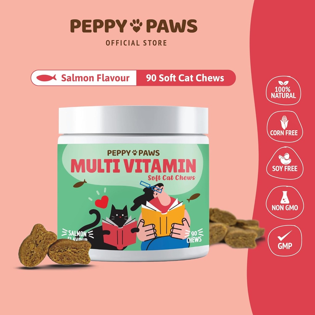 Multivitamin til katte - 90 Soft Chews Mead124; Omega 3, Salmon Oil, Glucosamin, MSM, Chondroitin, CoQ10, Probiotika, Vitamin B Complex & C Mead124; for hud, fælles, hjerte, immunitet Support Mead124; Non- GMO