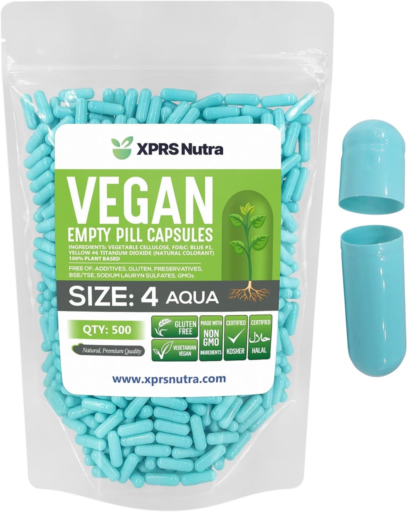 XPRS Nutra størrelse 4 Tomme kapsler - 500 Greve små tomme Veganske kapsler - selv vegetabilsk kapsel påfyldning - Fyldelig Do- It- Yourself Veggie Pill Caps til kosttilskud (Aqua)