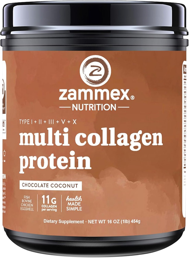 Zammex Multi Collagen Protein Powder, Type I & III & V & X, Hydrolyzed Collagen Peptider til kvinder & mænd, Understøtter hår og hud, Gut Sundhed, 41 Servering, Chokolade