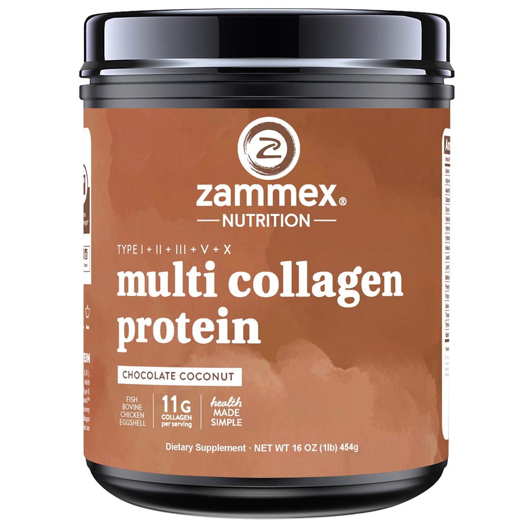 Zammex Multi Collagen Protein Powder, Type I & III & V & X, Hydrolyzed Collagen Peptider til kvinder & mænd, Understøtter hår og hud, Gut Sundhed, 41 Servering, Chokolade