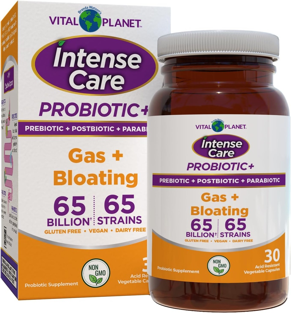 Vital Planet - Intensive Care Gas & Bloating Probiotika, Prebiotika, Postbiotika, Parabiotika, 4 - in-1 Køletilskud for voksne, 65 Millioner CFU, 65 Sprains, fordøjelse og immunforsvar, 30