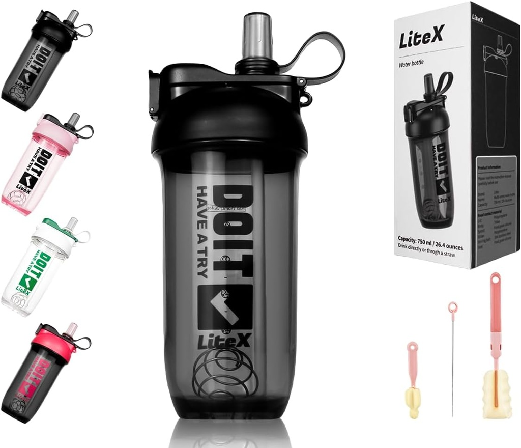 Litex Shaker Flasker til Protein Shakes, 26oz Blender Shaker Flaske til Pre- workout, Shaker Cups med Straw, BPA- gratis Tritan Mixer Flasker til Protein Powder, med Cup Børst og Instruktioner (sort)