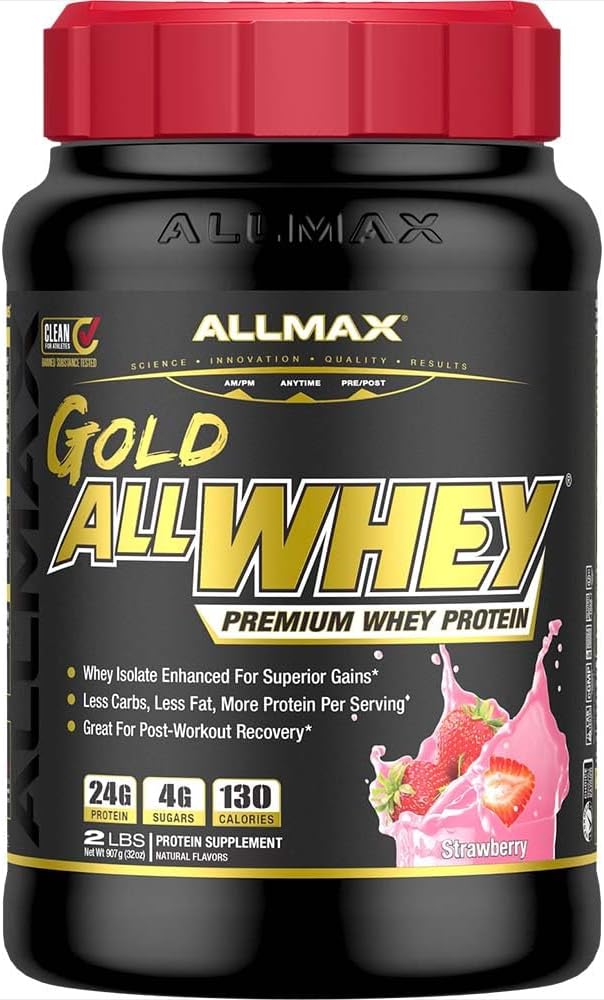ALLMAX Nutrition Gold ALLWHEY, Jordbær - 2 LB - 24 Bedste Protein Per Scoop - Gluten Free, Lavcarb & Lavsukker - ca. 30 Servering