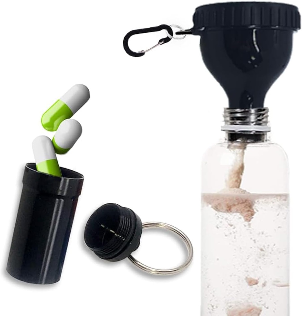 Protein pulverbeholder til at gå tragt med Aluminium Alloy Mini Pocket Pill Box og Carabiner Clip supplement tragt med Cap for vand flaske Pre Workout Gym Mini Travel Skanner Cup