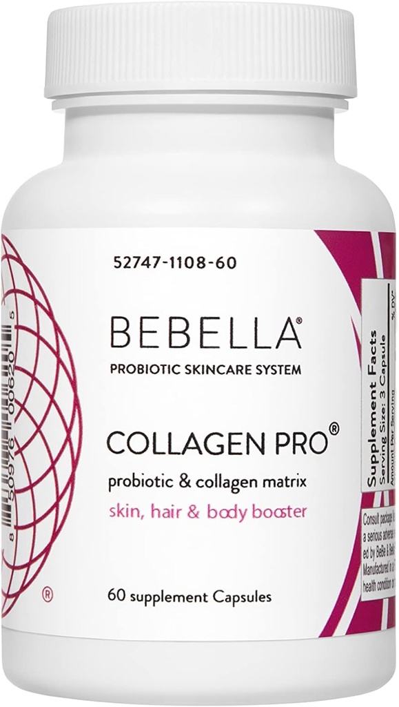 Bebella Collagen Pro- Probiotika & Collagen Peptider I Forbedre Gut & Skin Barrier Reducerer inflammation, understøtter sund hud, hår & negle w / Zink VIT C Hyaluronsyre 60 kapsler
