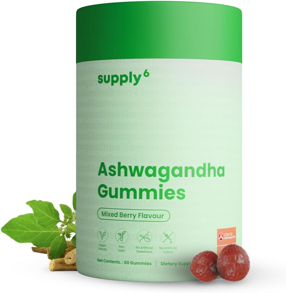 SUPPLY6 KSM- 66 Ashwagandha & D-vitamin Gummy - 60 Greve - Blandede bær, KSM- 66, Vegan, Plant Based, Non- GMO, Gluten- Free & Gelatine Free, for a Happier You, Pack of 1
